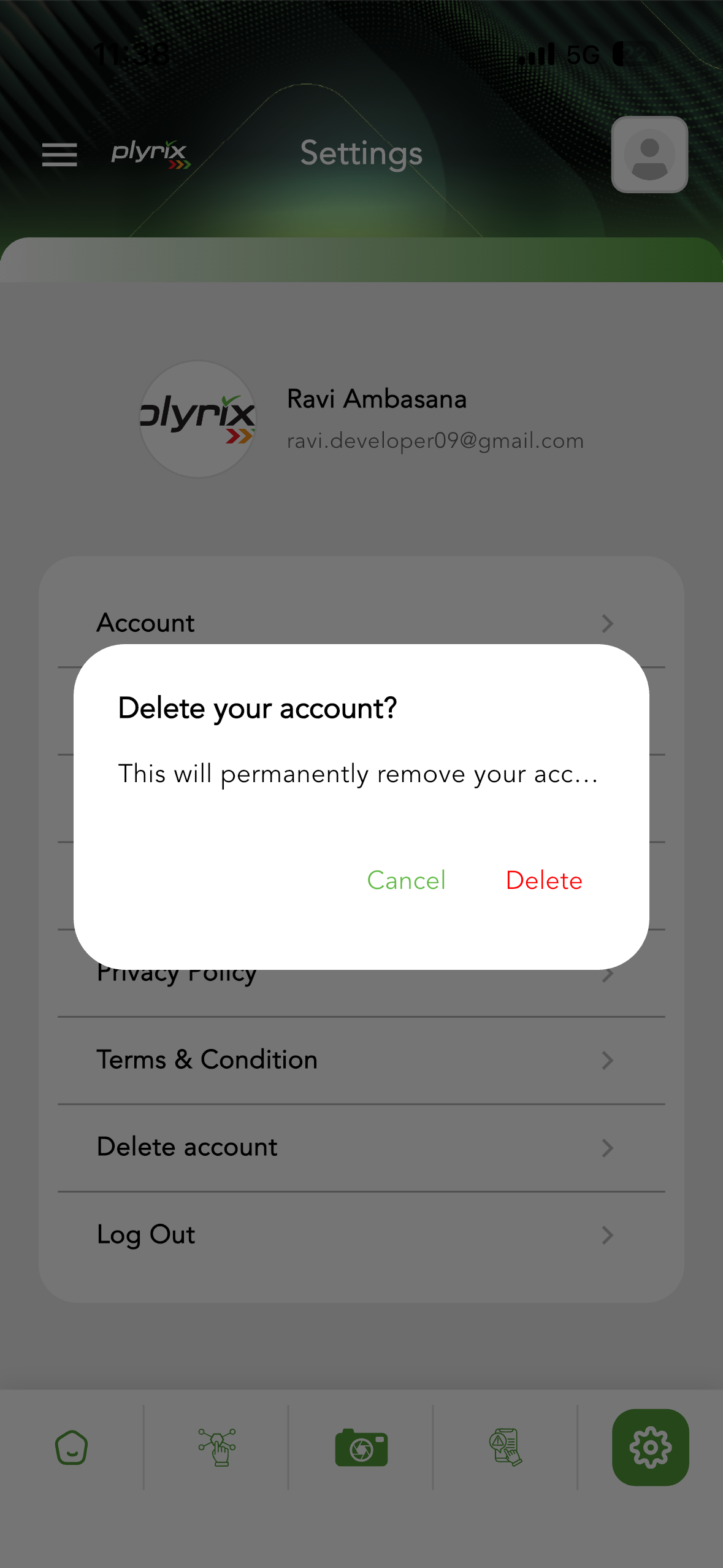Plyrix app delete account confirmation dialog